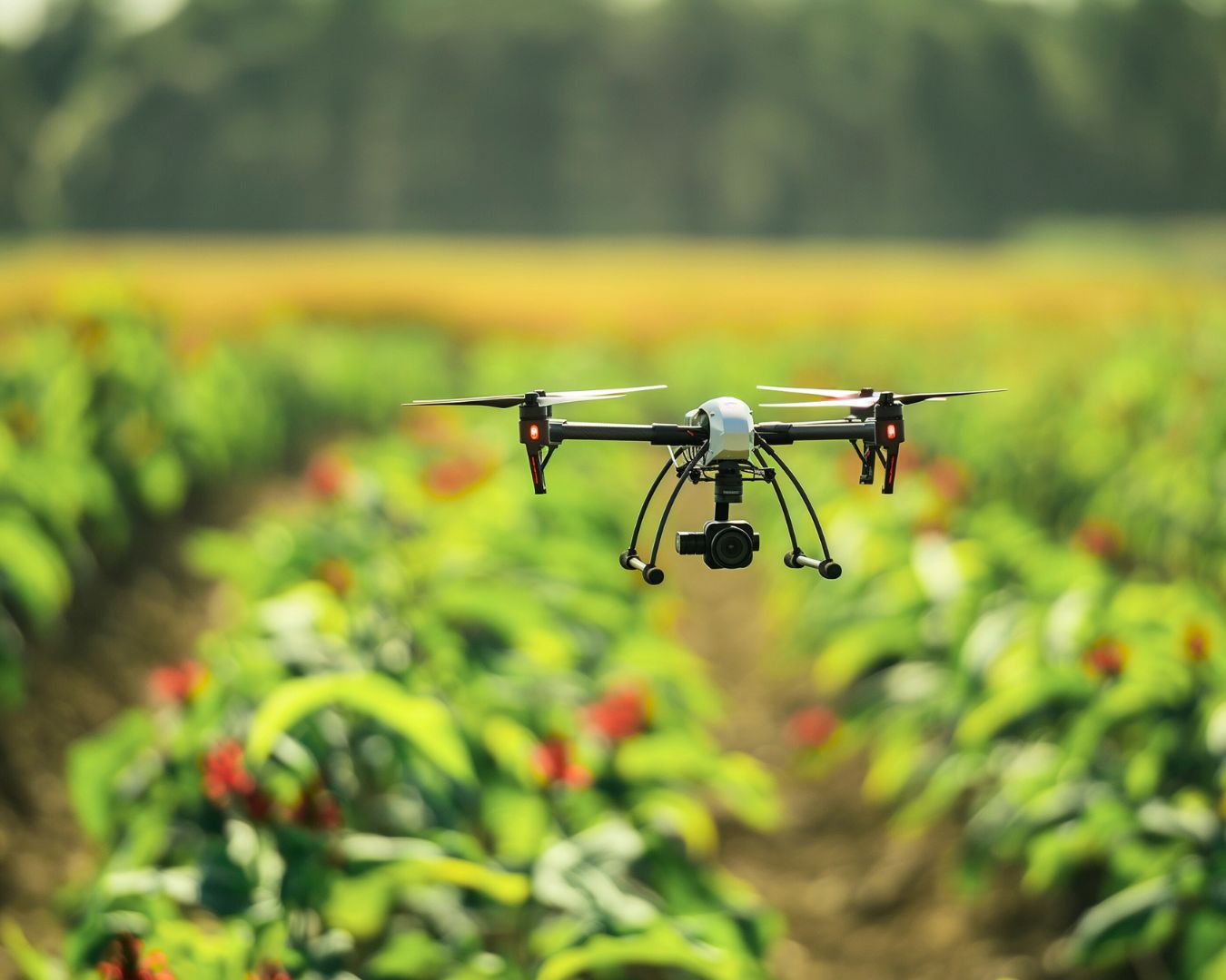 Un dron monitoriza un campo agrícola, simbolizando cómo la tecnología y la robótica optimizan cultivos y recursos en proyectos como "Olivar Andaluz 4.0", impulsando la sostenibilidad y eficiencia en la agricultura.