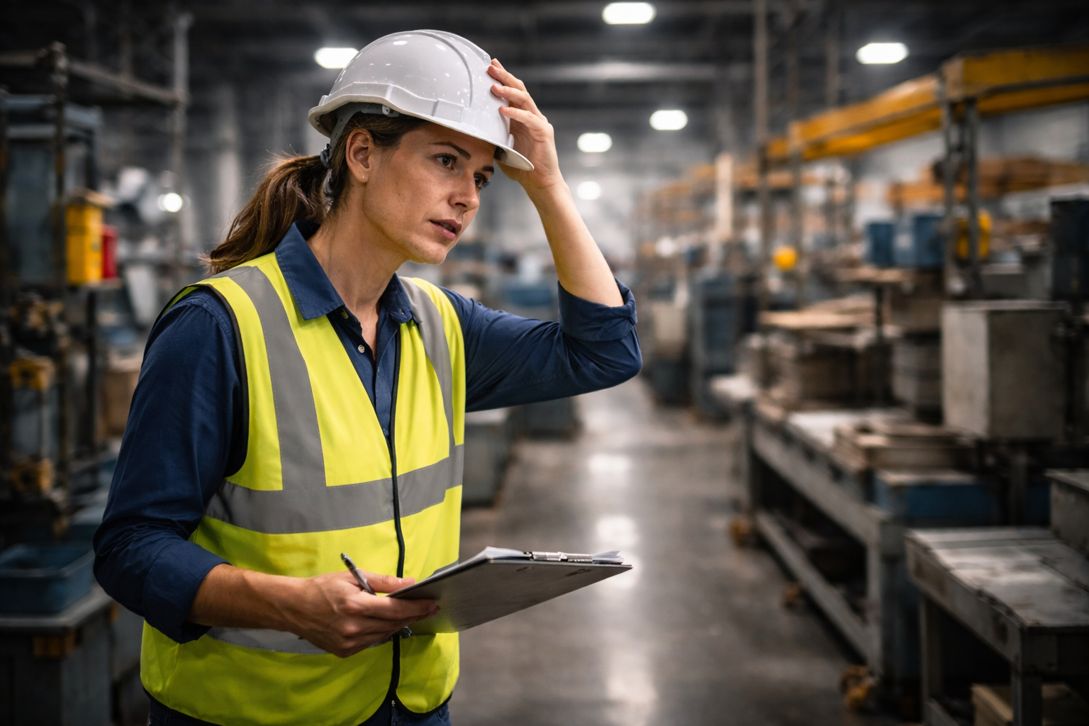 Operaria industrial con casco blanco y chaleco reflectante en una fábrica, visiblemente fatigada, revisando tareas en medio de maquinaria
