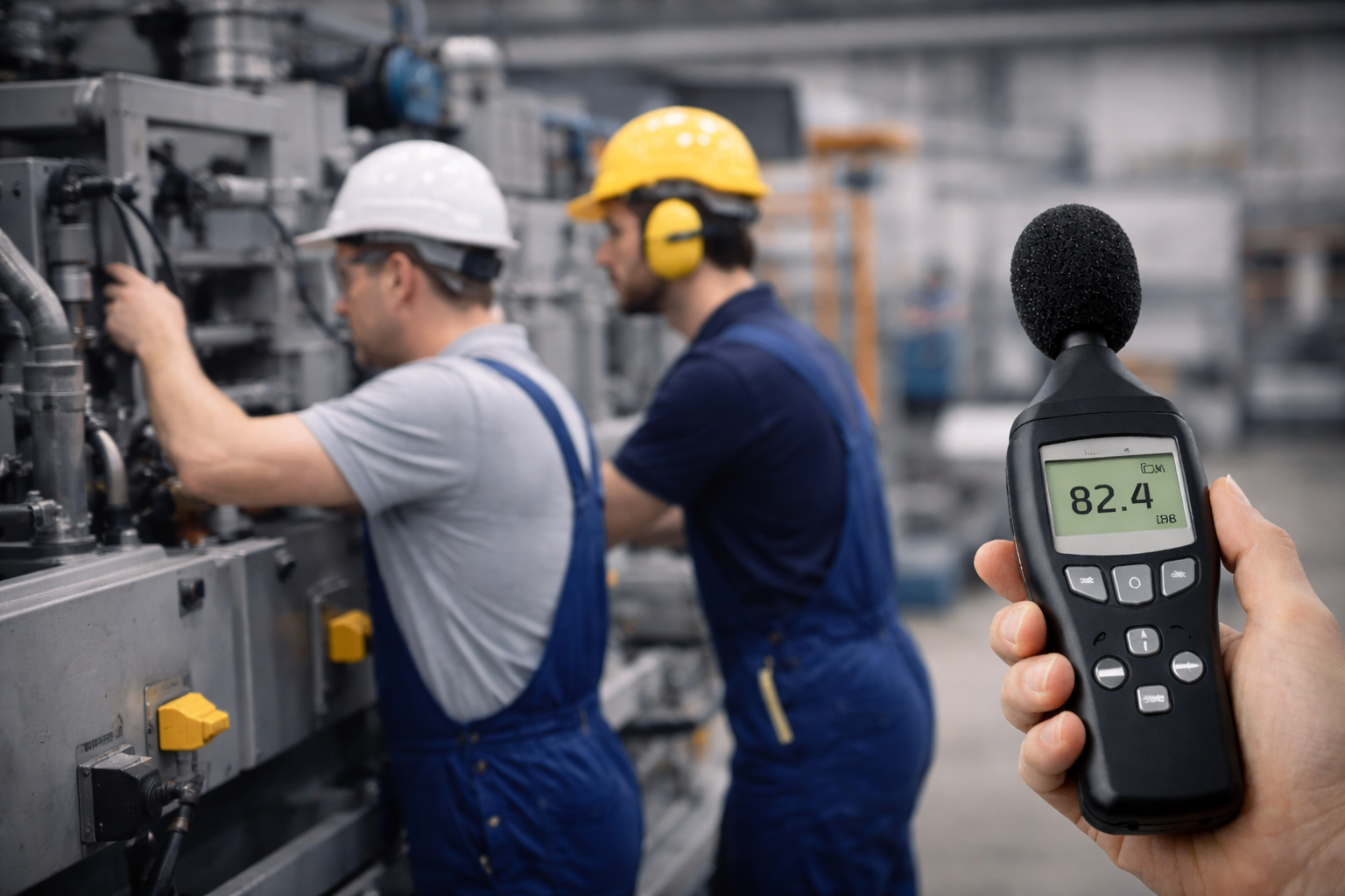 Dos operarios industriales trabajan junto a maquinaria mientras se mide el nivel de ruido en planta con un sonómetro.