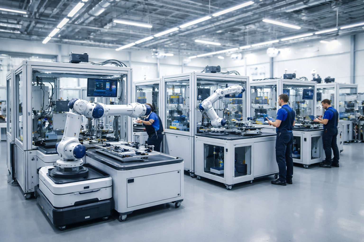 Estaciones modulares automatizadas con operarios y robots colaborativos trabajando en una micro‑fábrica inteligente