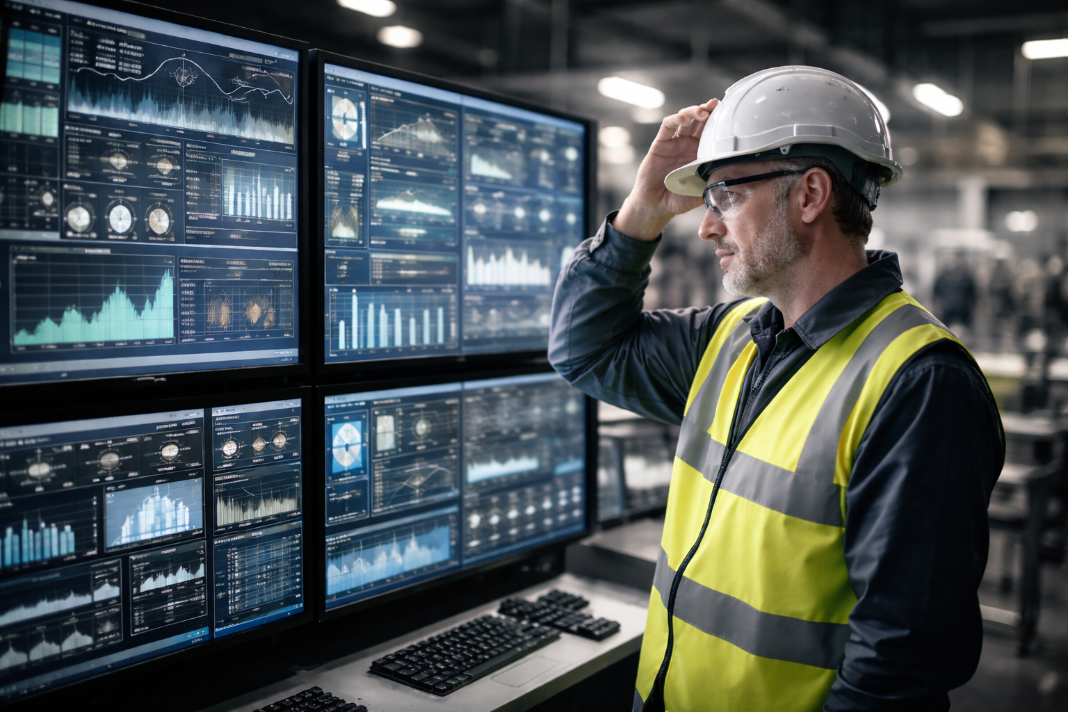 Operario industrial con chaleco y casco observando múltiples pantallas de datos en una sala de control moderna
