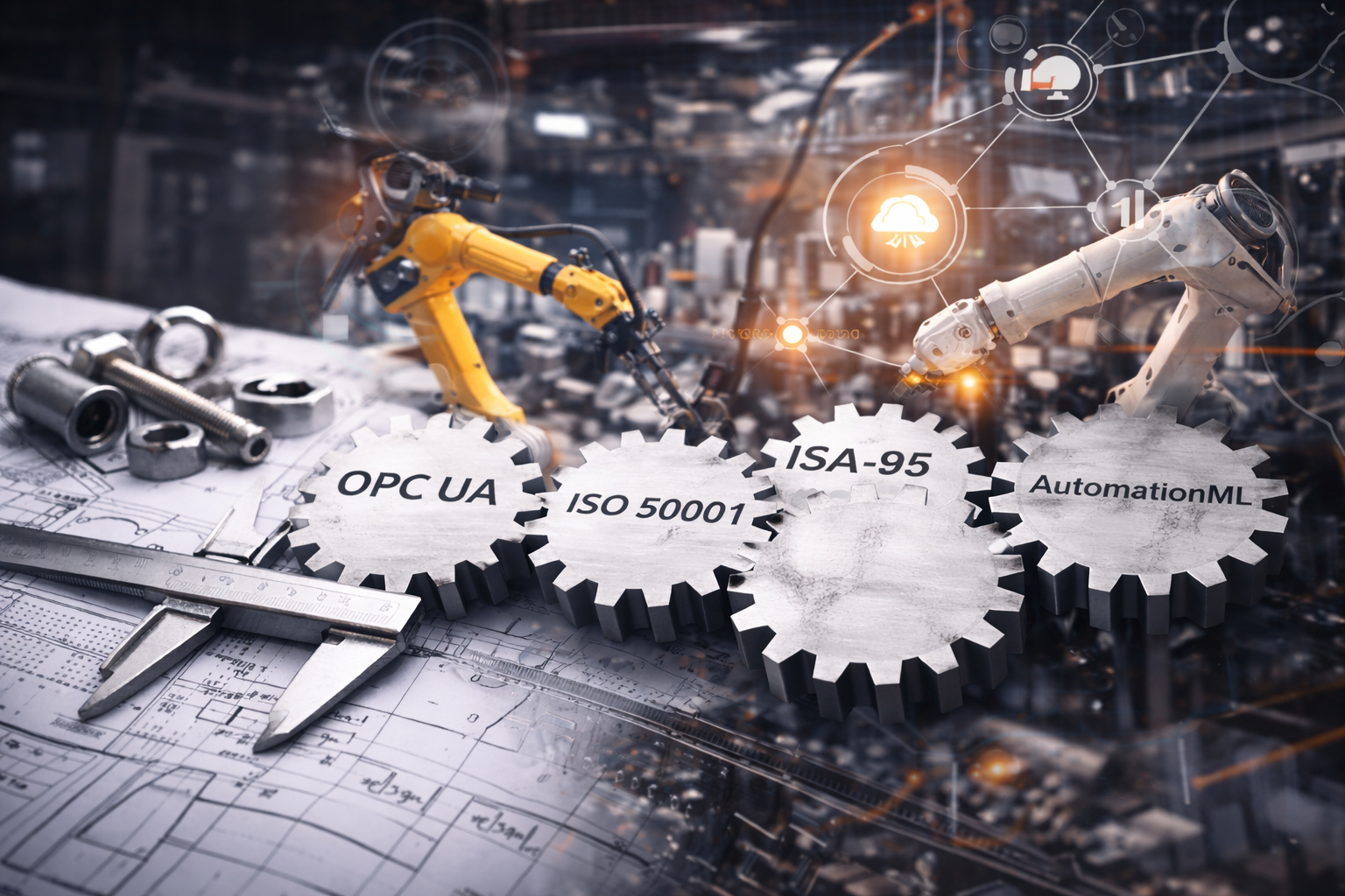 Entorno industrial con planos técnicos, engranajes y brazos robóticos representando la estandarización en la Industria 4.0