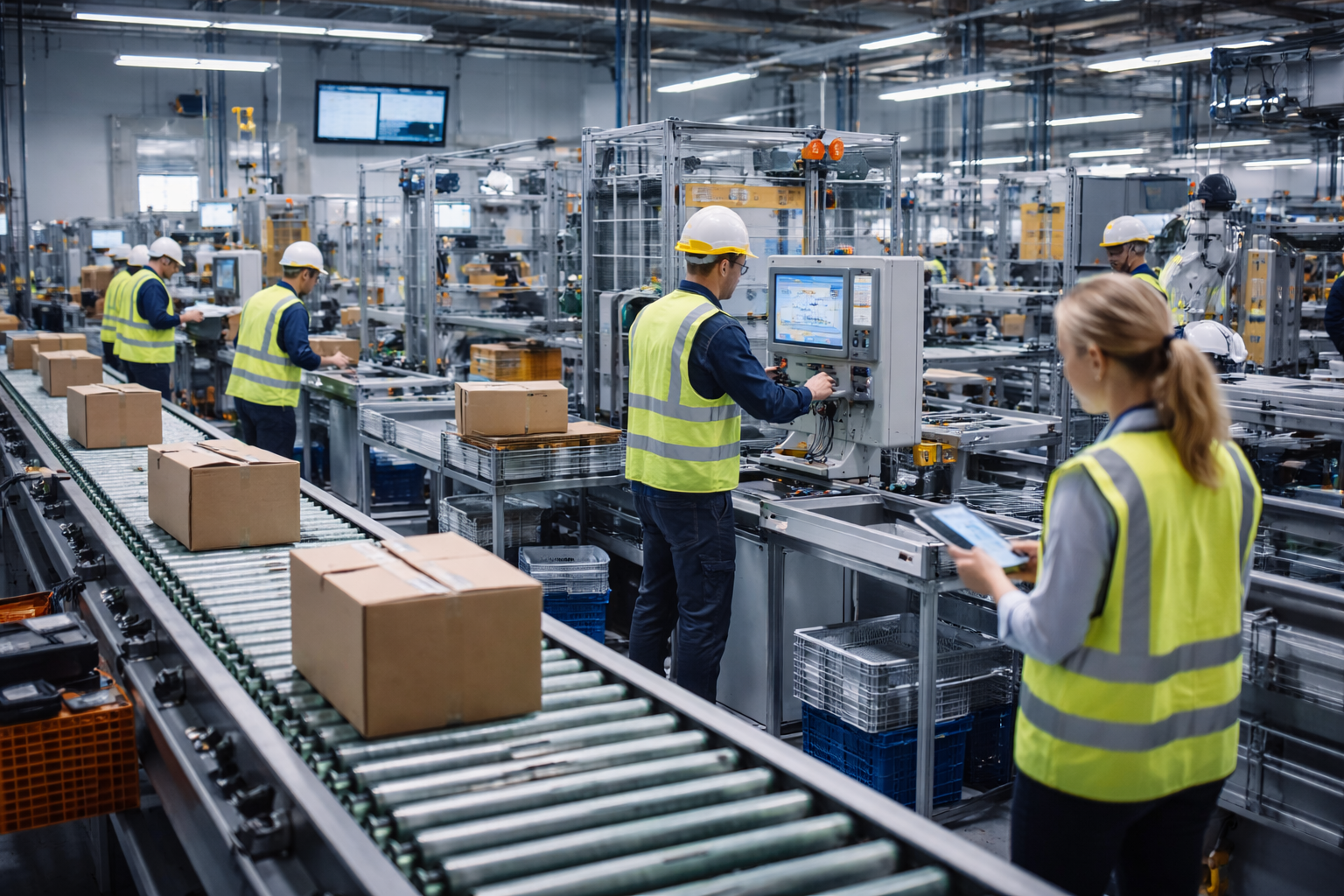 Trabajadores y supervisora en una línea de producción automatizada en una fábrica moderna