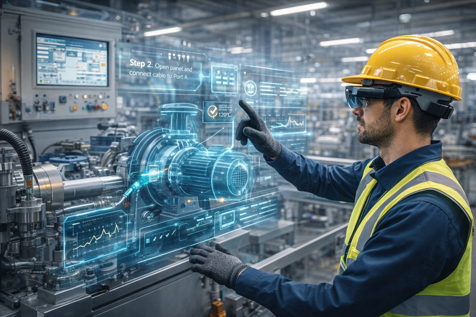 Operario industrial utilizando gafas de realidad aumentada para realizar mantenimiento con hologramas en una fábrica inteligente.