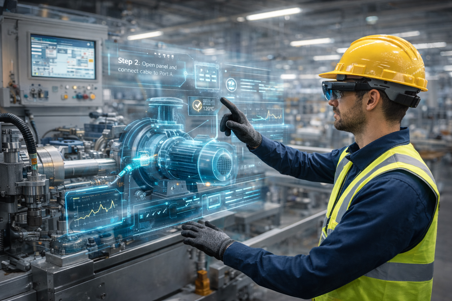 Técnico industrial operando maquinaria avanzada con realidad aumentada en una fábrica moderna