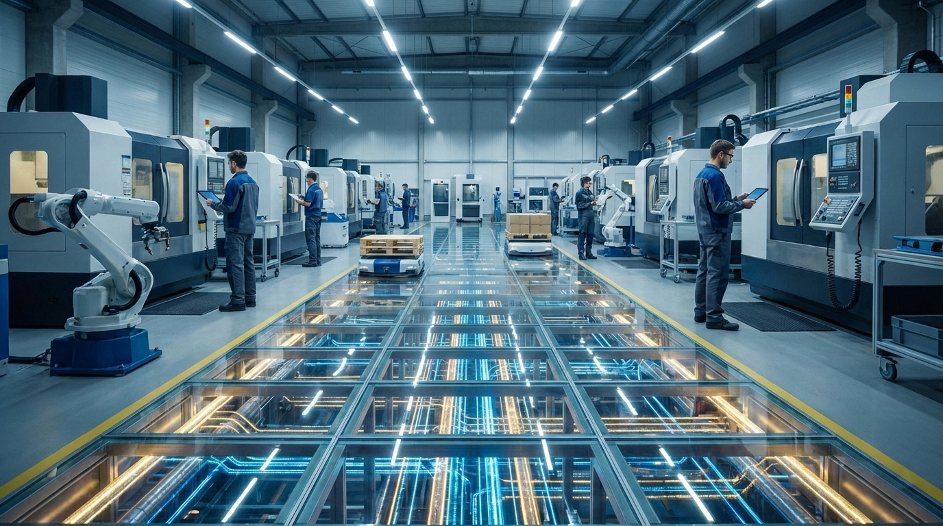 Fábrica moderna con sensores y técnicos revisando datos operativos para una gestión fiable de la información en planta