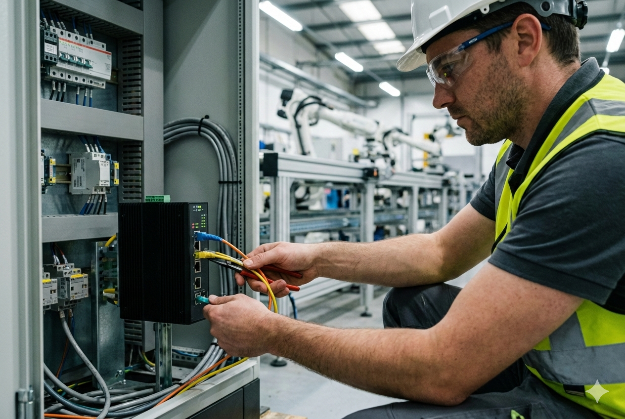 Técnico industrial con EPI conectando cables RJ45 en un switch ethernet dentro de un armario de control eléctrico en una planta automatizada.