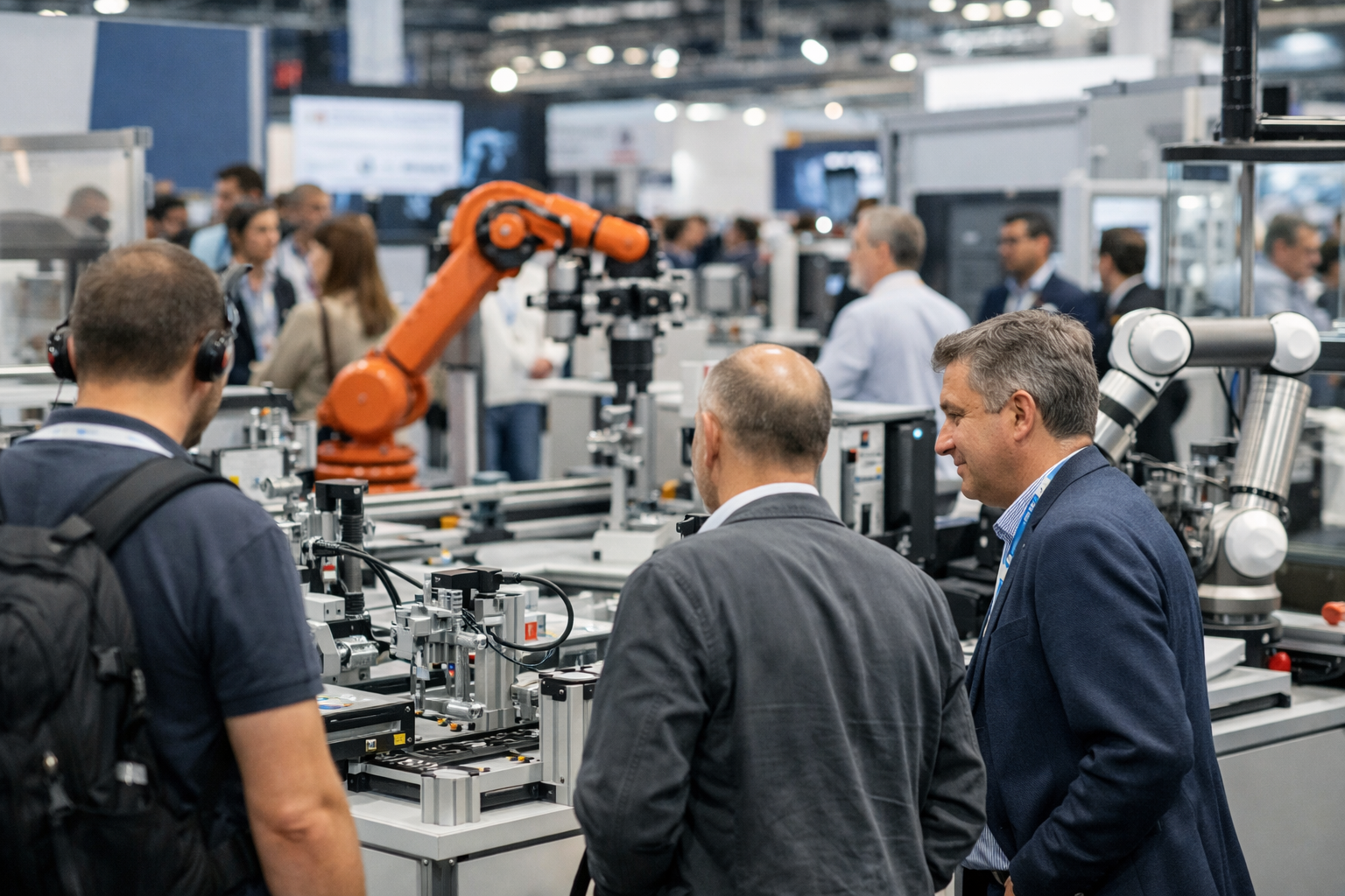 Profesionales industriales conversando frente a maquinaria automatizada en una feria de innovación industrial
