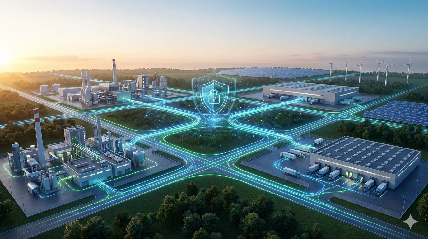 Visualización de un ecosistema de espacios de datos industriales con fábricas conectadas por nodos de luz y un escudo holográfico central que representa la soberanía del dato.