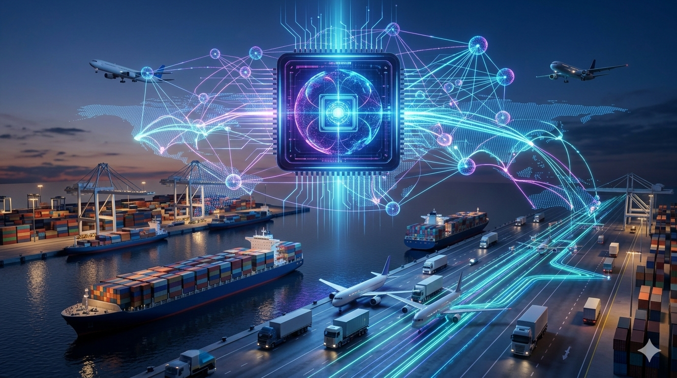 Texto alternativo (Alt Text): Representación visual de un procesador cuántico central coordinando una red logística global con barcos cargueros, aviones y camiones interconectados.