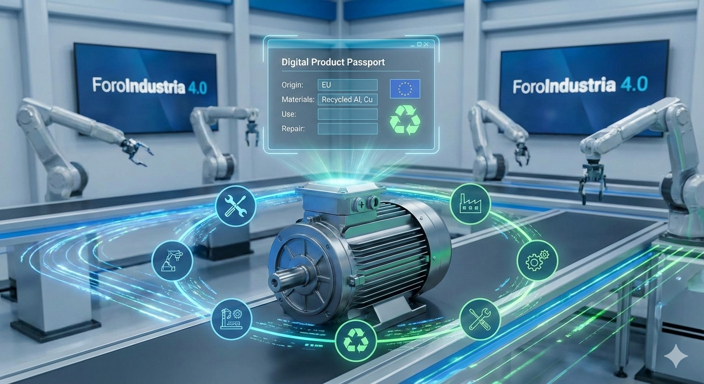 Representación conceptual de un Pasaporte Digital de Producto (DPP) sobre un motor industrial en una línea de montaje automatizada con brazos