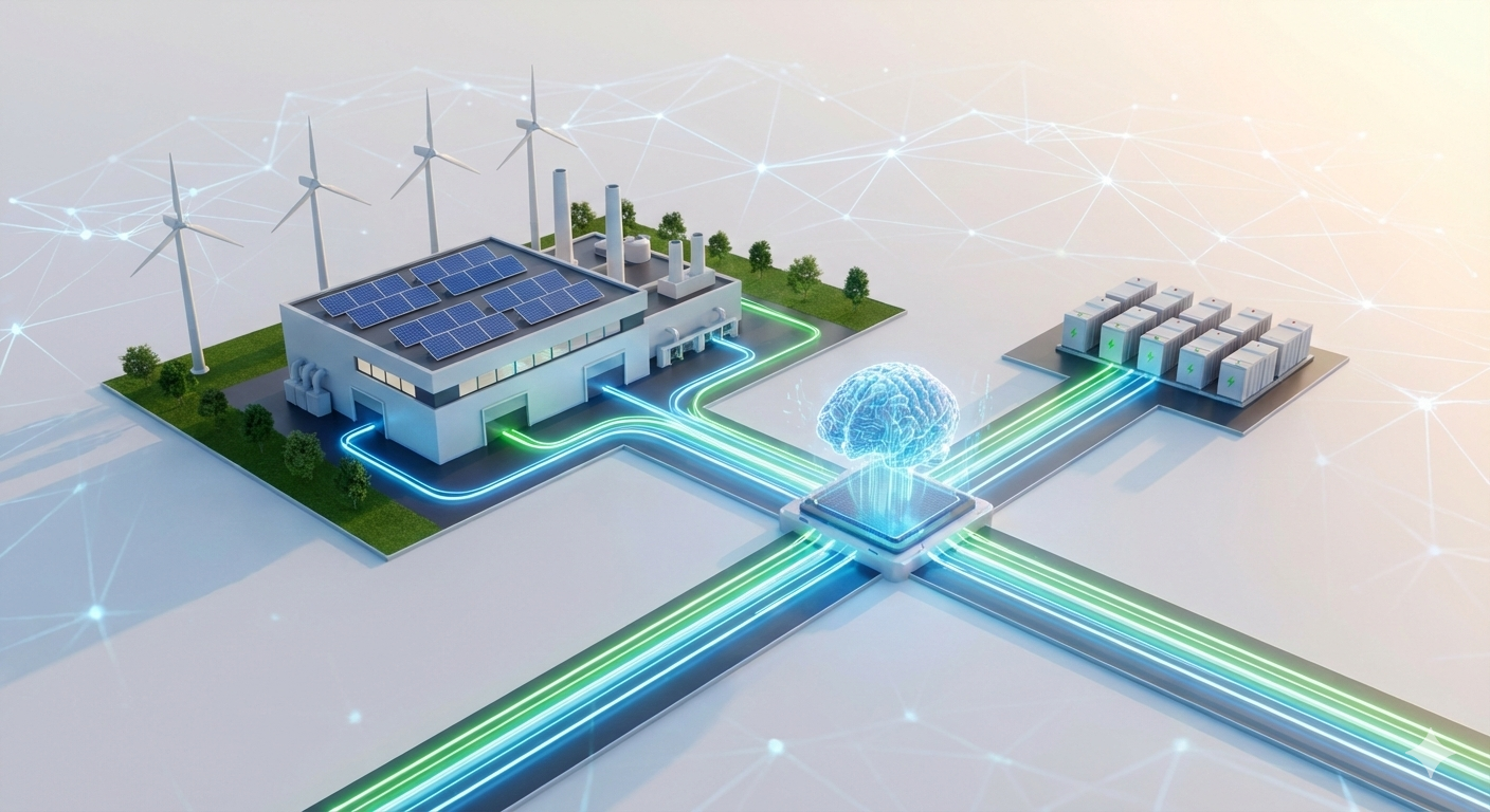 Ilustración 3D de una fábrica inteligente que actúa como micro-red, conectada a paneles solares y turbinas eólicas, con un icono central de un cerebro digital gestionando los flujos de energía.