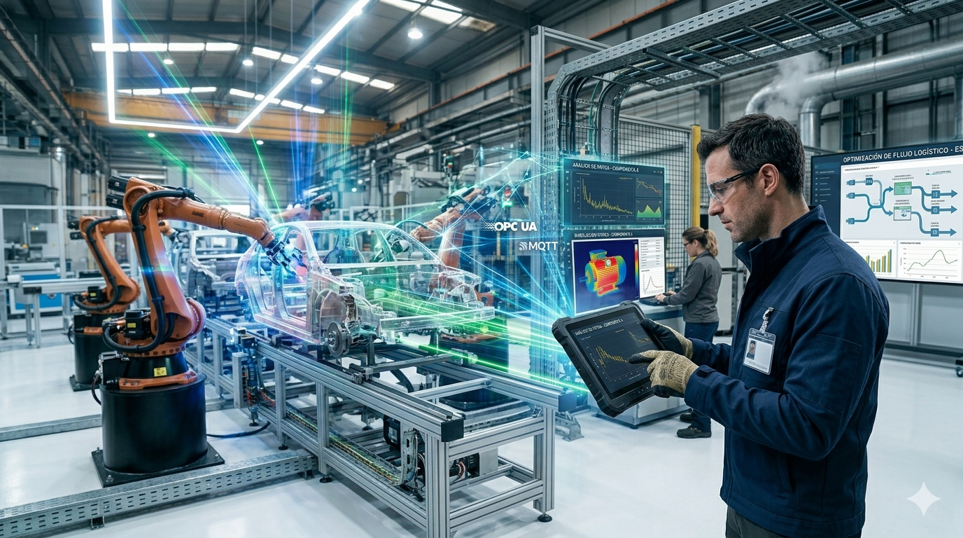 Ingeniero industrial revisando el gemelo digital de una línea de ensamblaje con brazos robóticos mediante una tablet en una planta de fabricación inteligente.