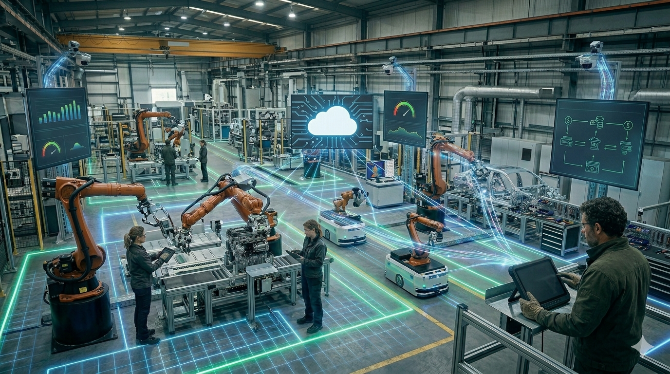 Vista elevada de una planta industrial inteligente con brazos robóticos, AGVs y operarios colaborando bajo una red de monitorización de datos y servicios en la nube.