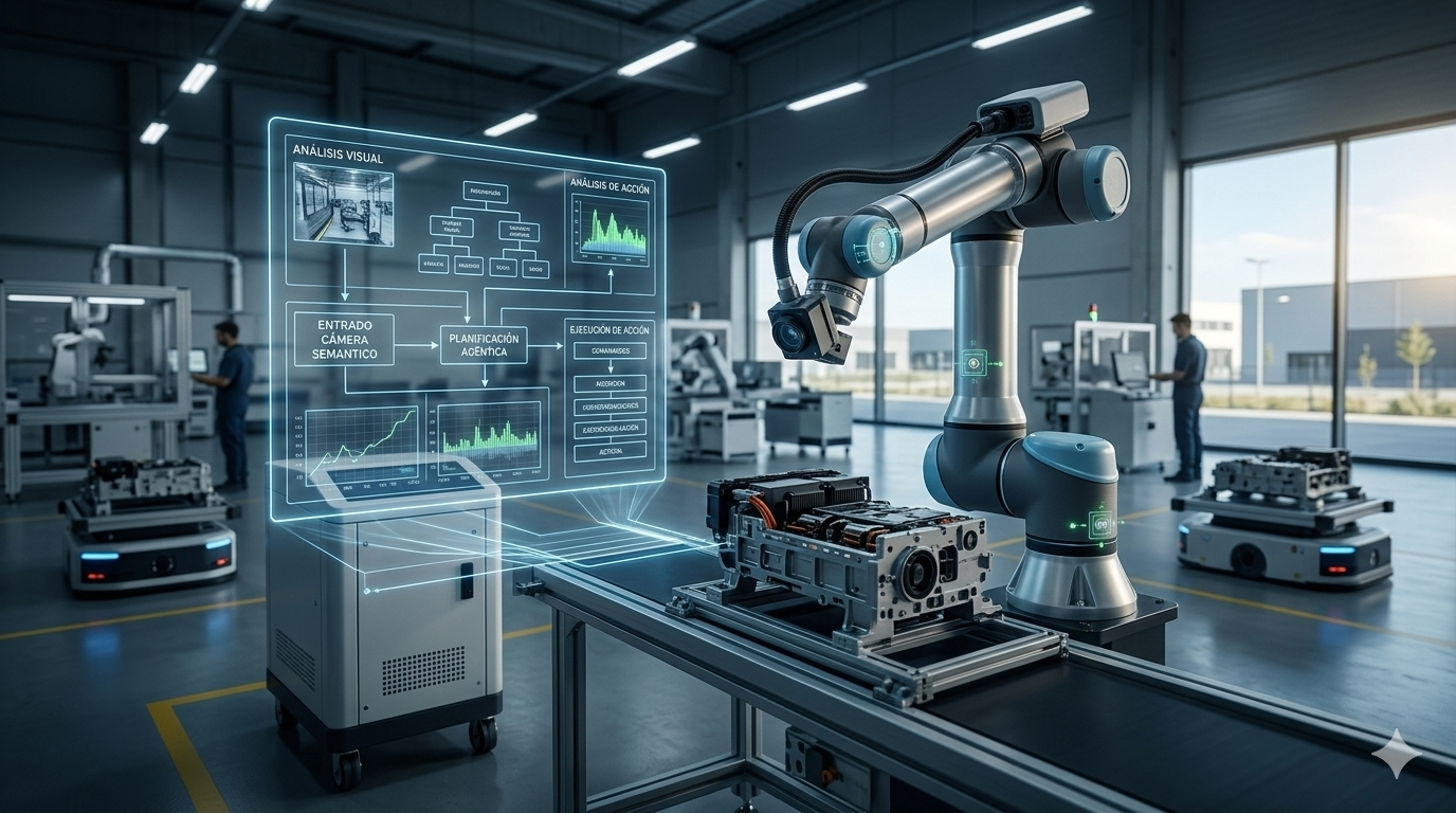 Fotografía cinematográfica fotorealista en una fábrica avanzada de España, mostrando un brazo robótico con modelos VLA procesando datos a través de una interfaz holográfica, sin textos ni logotipos.