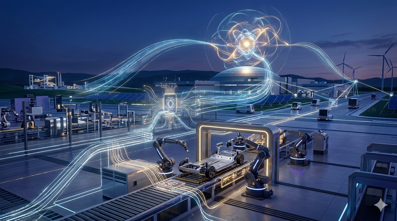 Render cinematográfico de una Cognitive Factory en España, mostrando la orquestación de un ecosistema industrial inteligente a través de flujos de datos holográficos y un núcleo cuántico flotante, sin textos ni logotipos.