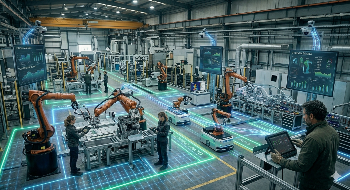 Ingeniera y operario industrial interactuando con un brazo robótico de gran tamaño en una línea de producción automatizada sin barreras físicas, mostrando zonas de seguridad proyectadas en el suelo.