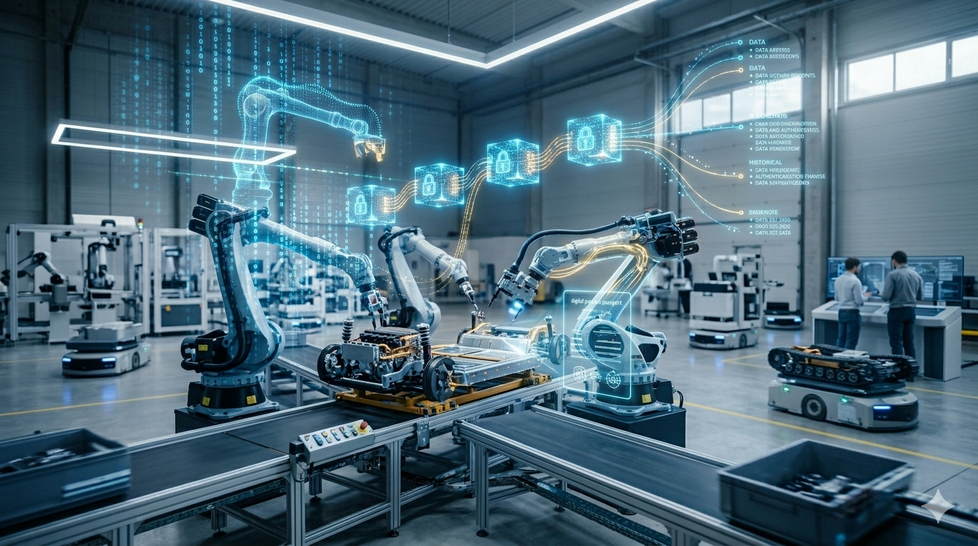 Fotografía cinematográfica fotorealista que muestra la convergencia ética del Pasaporte Digital de Producto (DPP) y la trazabilidad industrial Blockchain sobre una línea de montaje robótica avanzada en una fábrica española, formato horizontal 16:9, sin textos ni logotipos.