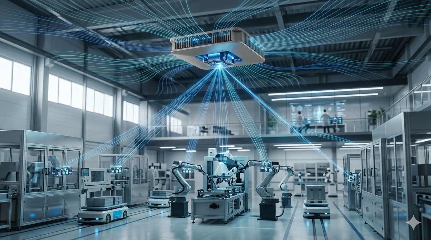 Fotografía fotorealista de una antena 6G industrial integrada en el techo de una fábrica moderna en España, con haces de datos invisibles conectando robots y sensores, formato horizontal, sin logos.