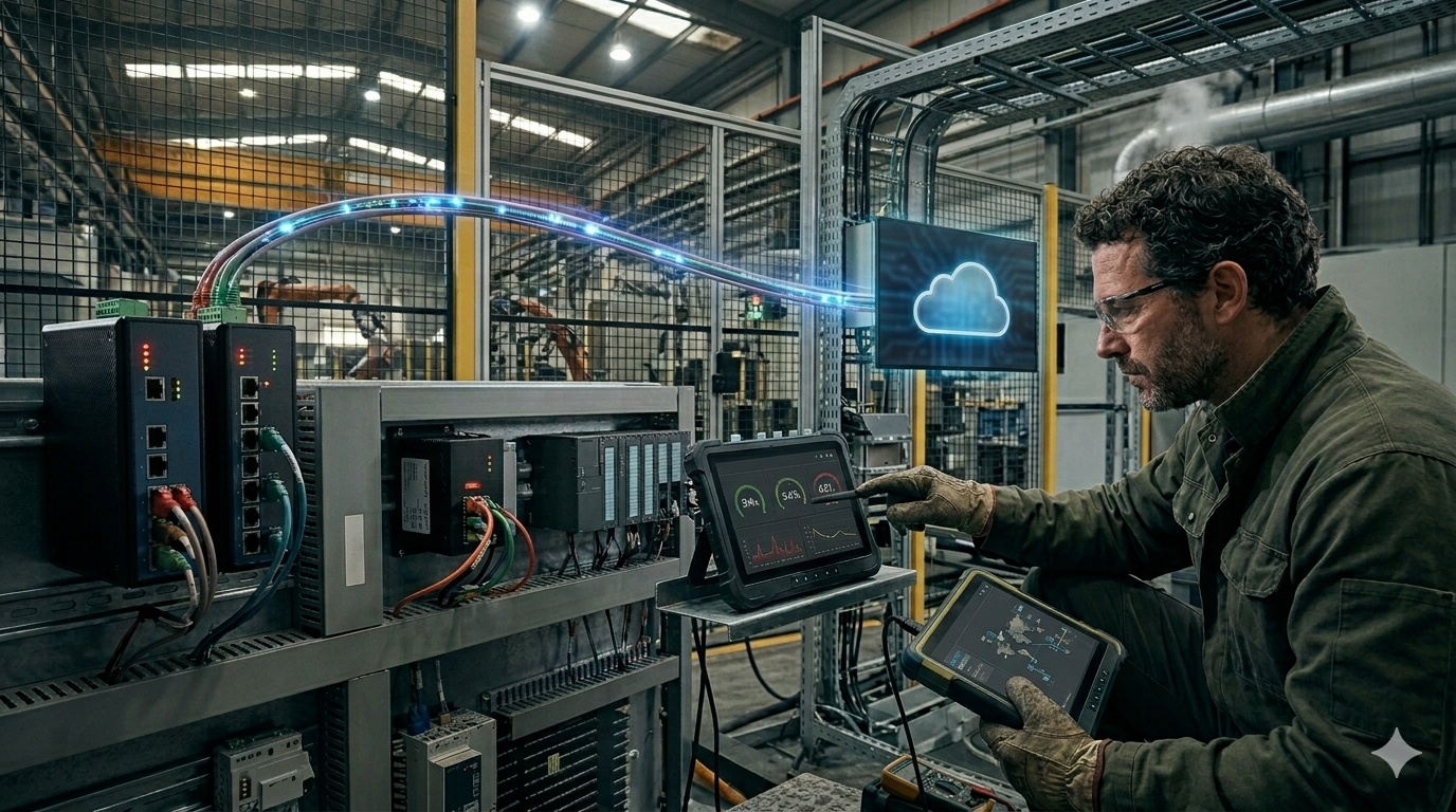 Dispositivo de Edge Computing instalado en un armario eléctrico industrial procesando datos en tiempo real de una línea de producción automatizada.