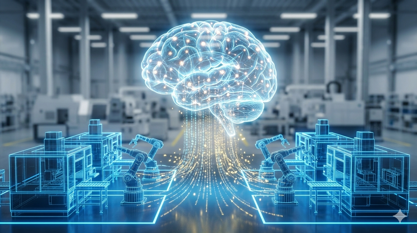 Representación de una red neuronal holográfica sobre una línea de montaje digital (gemelo digital) que genera flujos de datos binarios en una fábrica inteligente.