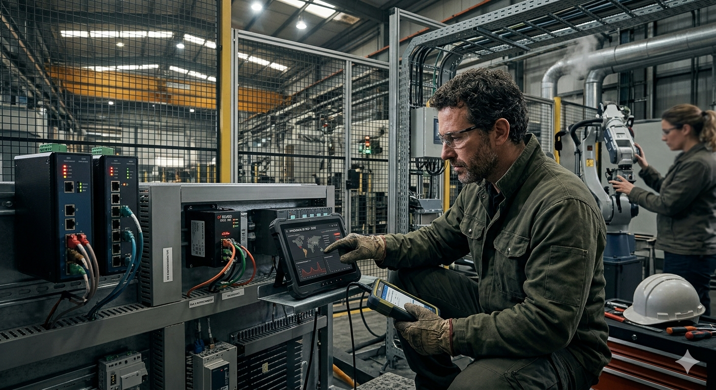 Técnico industrial revisando la seguridad de un panel de control y dispositivos Edge mediante una tablet en una planta de fabricación automatizada.
