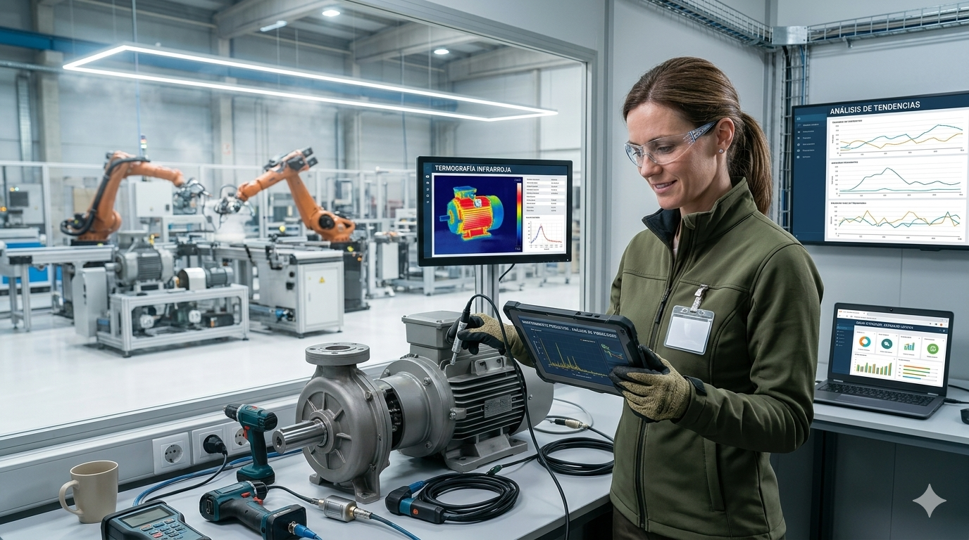 Técnica industrial realizando un análisis de mantenimiento predictivo mediante termografía infrarroja y medición de vibraciones en un motor eléctrico dentro de una planta automatizada.