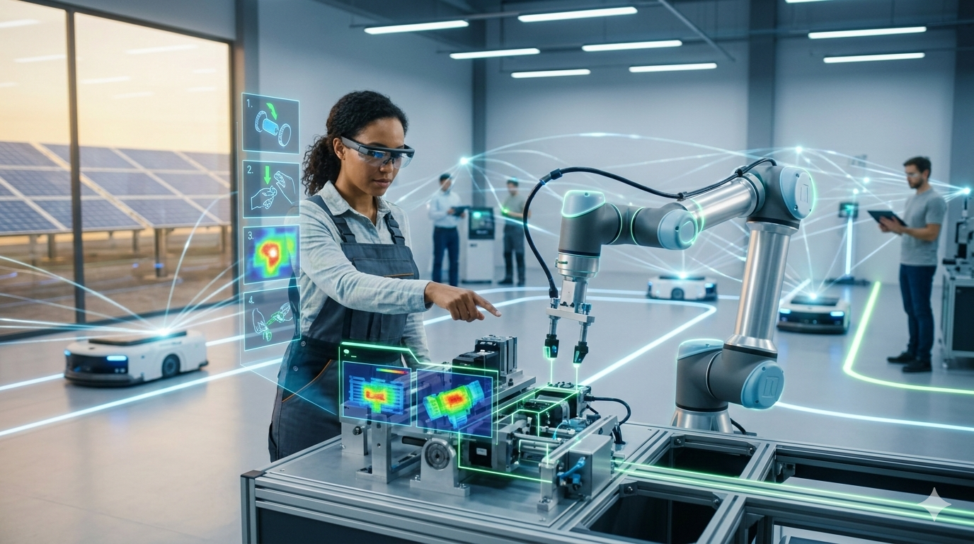 Representación visual de una operaria en una planta industrial moderna, usando gafas inteligentes de Realidad Aumentada que muestran instrucciones holográficas y datos sobre una máquina física.