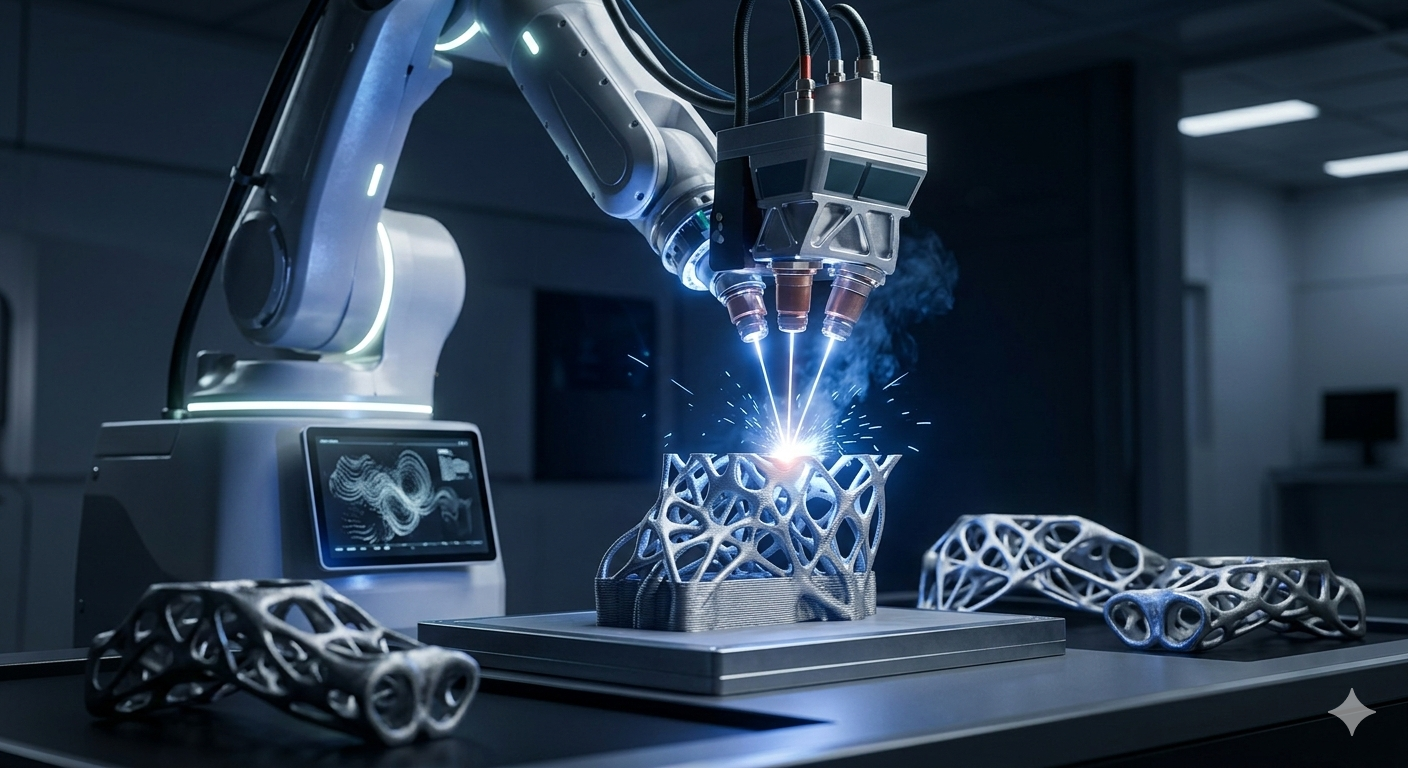 Brazo robótico industrial realizando impresión 3D de alta precisión de una pieza metálica con estructura de diseño generativo