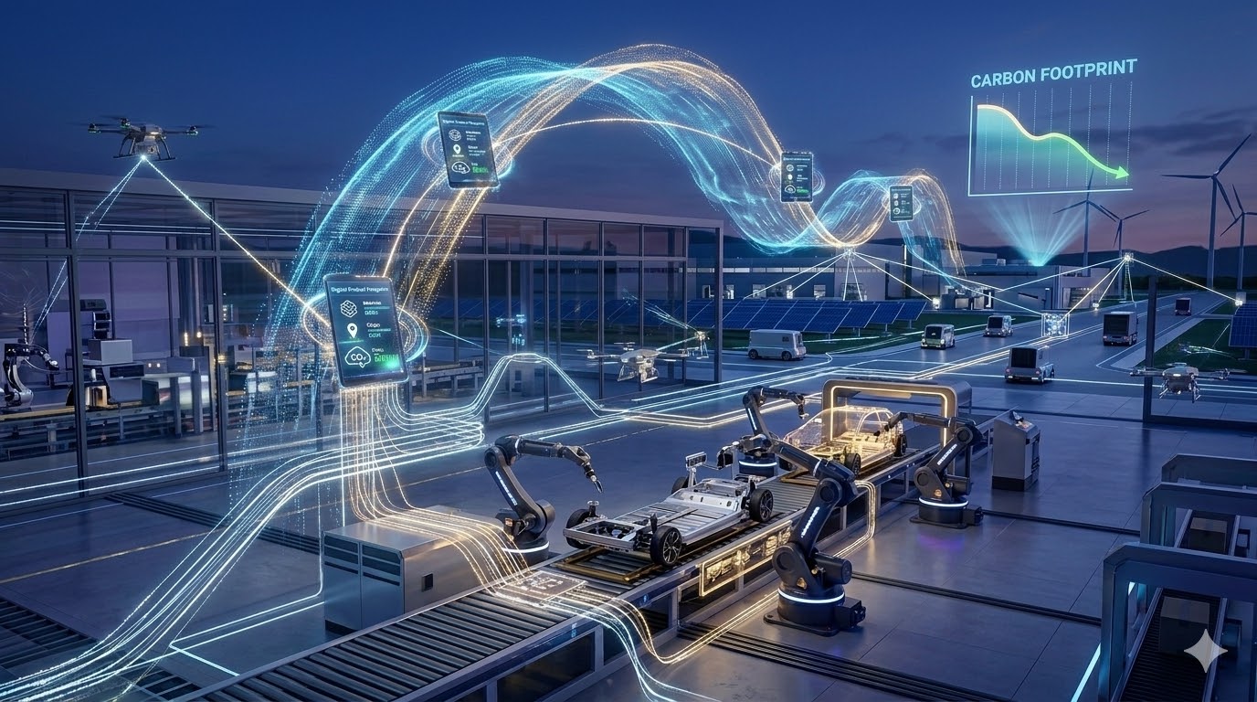 Render cinematográfico 3D de una fábrica inteligente en España al anochecer, ilustrando la trazabilidad total de carbono. Un flujo holográfico muestra 'Pasaportes Digitales de Producto' flotantes con datos de materiales y CO2, conectados a robots avanzados y logística autónoma, sin textos ni logotipos.