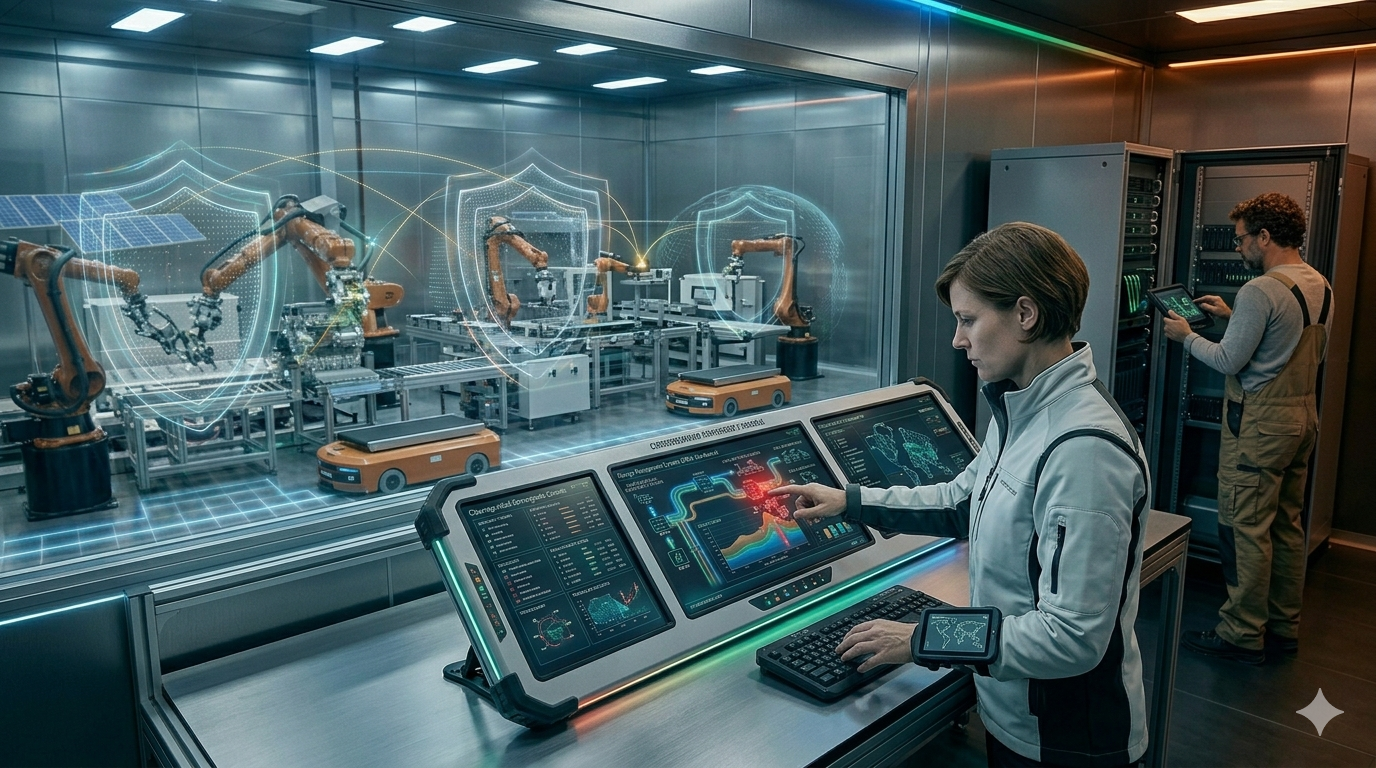 Centro de datos industrial de una Smart Factory protegido por una interfaz de ciberseguridad avanzada. Se observa a un técnico monitorizando amenazas digitales mientras una red de seguridad virtual envuelve la maquinaria pesada al fondo.