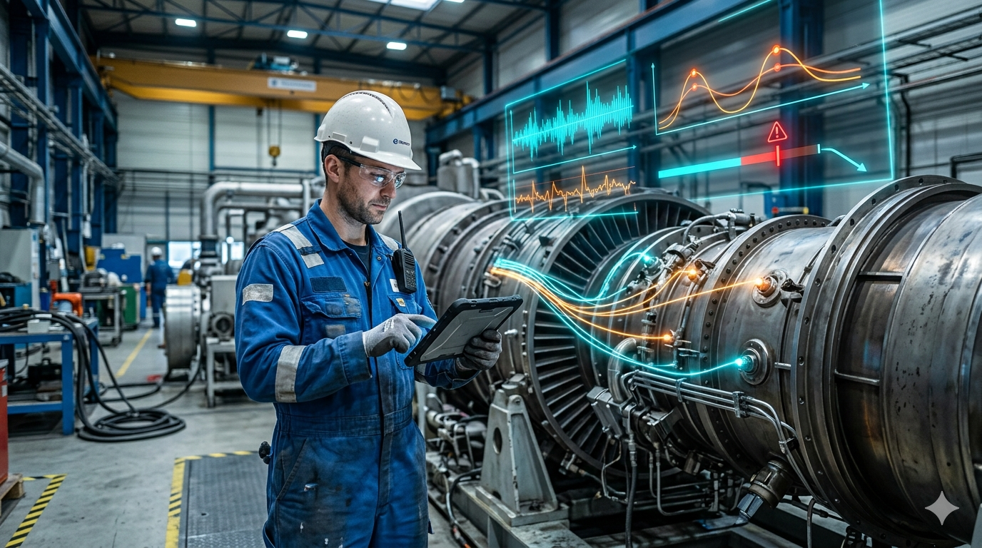 Técnico de mantenimiento industrial analizando datos con realidad aumentada frente a una turbina.