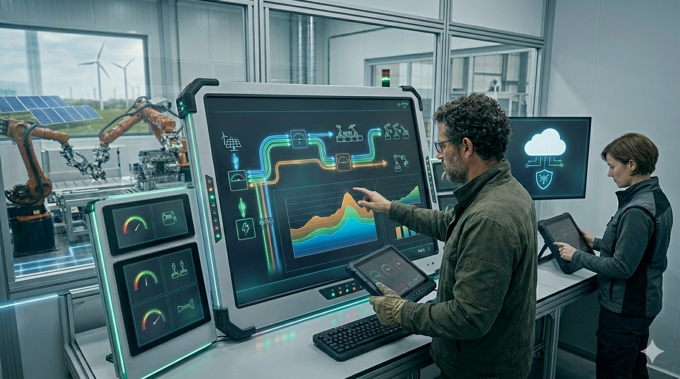 Un ingeniero industrial con gafas y chaqueta de trabajo interactúa con una gran pantalla táctil rugerizada que muestra un panel detallado de gestión energética EMS 4.0. El panel incluye diagramas de flujo de energía desde fuentes renovables (sol y viento) hasta líneas de producción automatizadas y células robóticas, con gráficos de consumo y KPIs de sostenibilidad. Al fondo, a través de una ventana de vidrio, se ven brazos robóticos industriales trabajando y turbinas eólicas/paneles solares en el exterior. Una segunda ingeniera supervisa datos en una tableta en una estación de trabajo adyacente. La imagen es técnica y moderna, centrada en la eficiencia energética y la sostenibilidad en la Industria 4.0.