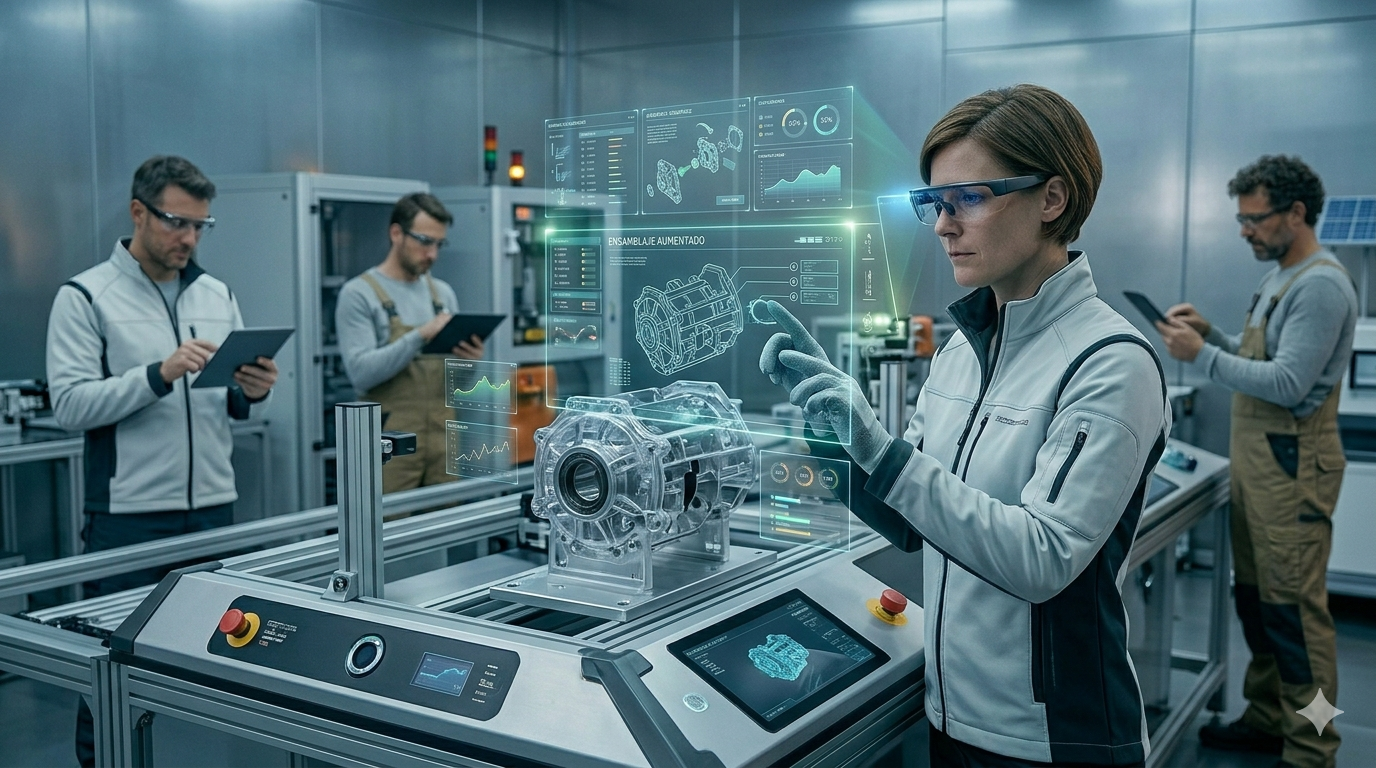 Una especialista industrial en un entorno de laboratorio moderno utiliza gafas de realidad asistida para inspeccionar un componente mecánico complejo. Ante ella flota una interfaz digital holográfica con esquemas técnicos y gráficos de rendimiento en tiempo real. Al fondo, otros compañeros trabajan con tabletas y estaciones de control, sugiriendo un entorno de colaboración y aprendizaje continuo. La atmósfera es tecnológica y limpia, con una iluminación equilibrada que resalta la integración entre el talento humano y las herramientas digitales.