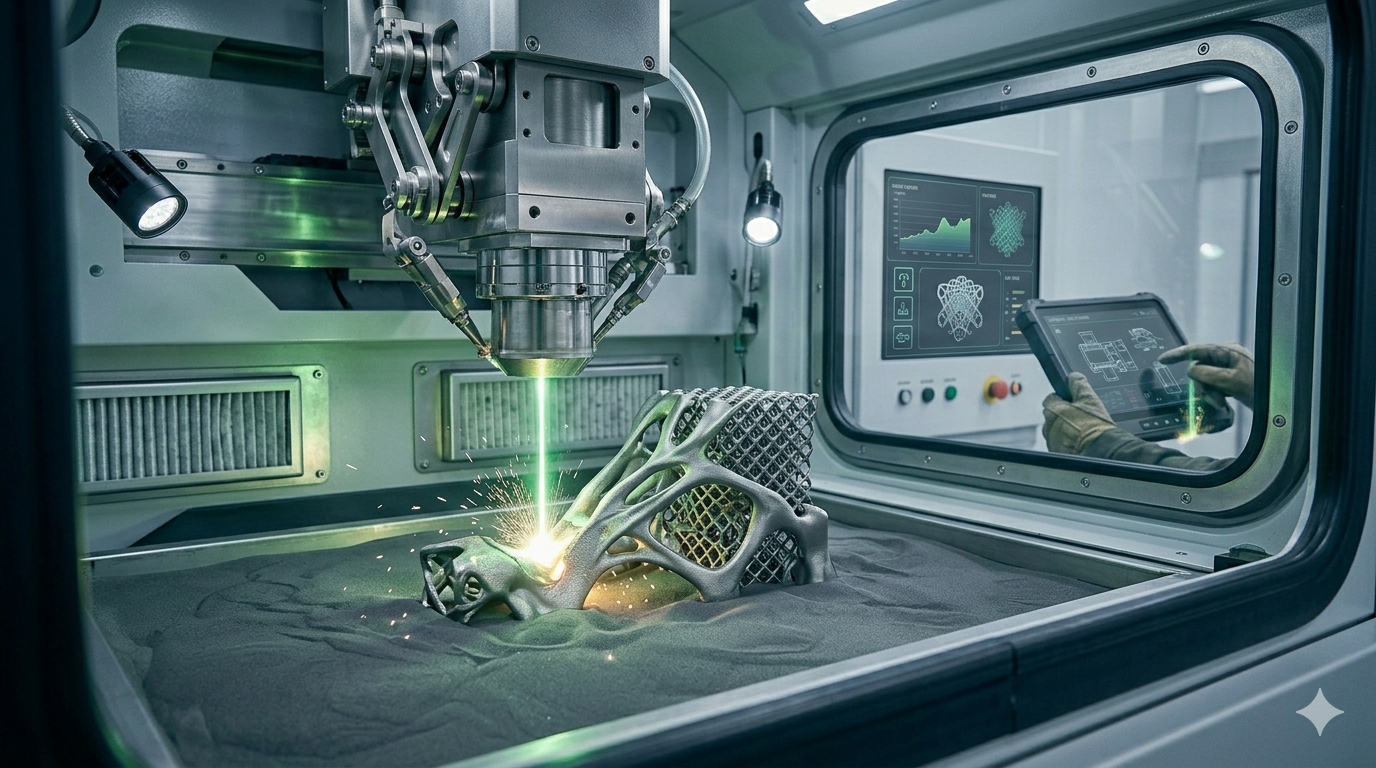Vista detallada del interior de una máquina de fabricación aditiva industrial (impresión 3D de metal) donde un cabezal láser de alta precisión está fundiendo polvo metálico para crear una pieza con geometría orgánica y estructuras de celosía complejas. A través del cristal de la cámara de impresión, se observa a un técnico operando una tableta rugerizada que muestra gráficos de control de calidad y el modelo digital de la pieza.