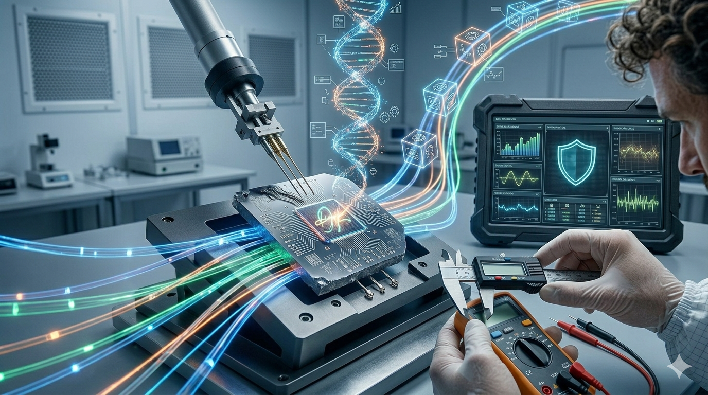 Representación digital de una cadena de suministro industrial protegida por bloques de datos cifrados, conectando fábricas, logística y producto final mediante tecnología Blockchain.