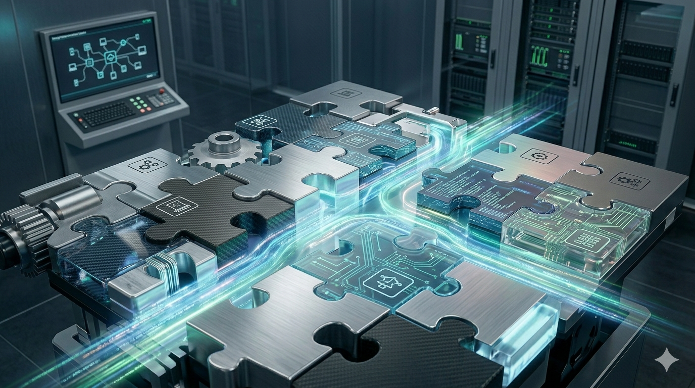 Primer plano de un ensamblaje técnico en forma de piezas de puzzle tridimensionales que encajan perfectamente. Las piezas están fabricadas en distintos materiales industriales como acero cepillado, fibra de carbono y cristal translúcido con circuitos integrados visibles. Un flujo de datos luminoso de color cian y verde atraviesa las uniones, simbolizando la interoperabilidad semántica. Al fondo, se aprecia un centro de datos con racks de servidores y una pantalla de monitorización técnica en una atmósfera de alta tecnología.