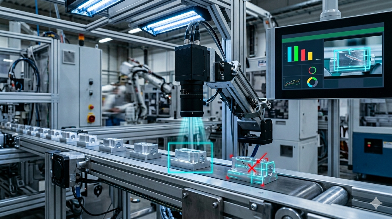 Cámara de visión artificial industrial inspeccionando piezas metálicas en una línea de producción automatizada con análisis de defectos en tiempo real mediante inteligencia artificial.