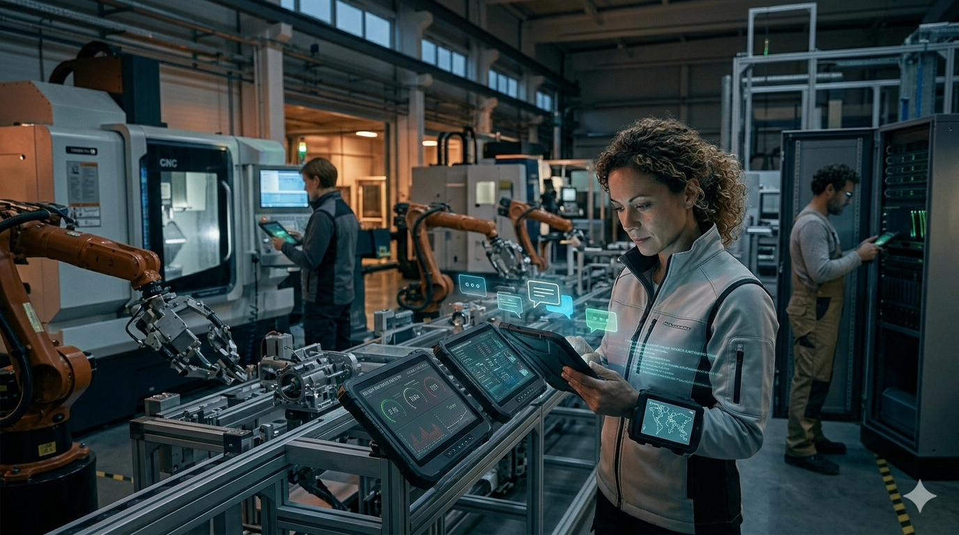 Una ingeniera industrial en primer plano utiliza una tableta rugerizada de la que emergen iconos flotantes de burbujas de chat y datos en tiempo real, simbolizando el uso de herramientas de comunicación paralelas. Al fondo, otros trabajadores en una nave industrial oscura interactúan con dispositivos móviles y pantallas personales cerca de brazos robóticos y maquinaria CNC. La escena está iluminada principalmente por el brillo cian de las pantallas, destacando la red digital informal que convive con la infraestructura física de la fábrica.