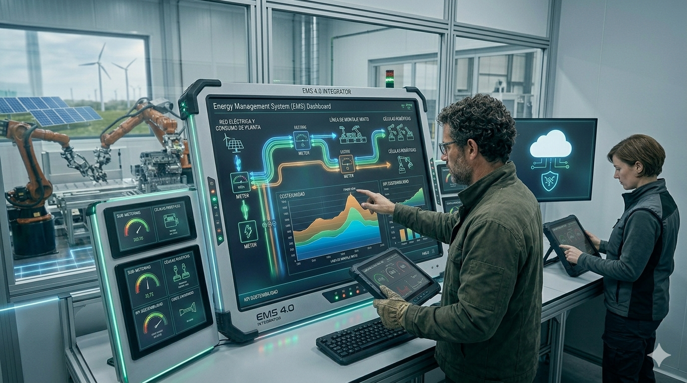 Un ingeniero industrial con gafas y chaqueta de trabajo interactúa con una gran pantalla táctil rugerizada que muestra un panel detallado de gestión energética EMS 4.0. El panel incluye diagramas de flujo de energía desde fuentes renovables (sol y viento) hasta líneas de producción automatizadas y células robóticas, con gráficos de consumo y KPIs de sostenibilidad. Al fondo, a través de una ventana de vidrio, se ven brazos robóticos industriales trabajando y turbinas eólicas/paneles solares en el exterior. Una segunda ingeniera supervisa datos en una tableta en una estación de trabajo adyacente. La imagen es técnica y moderna, centrada en la eficiencia energética y la sostenibilidad en la Industria 4.0.