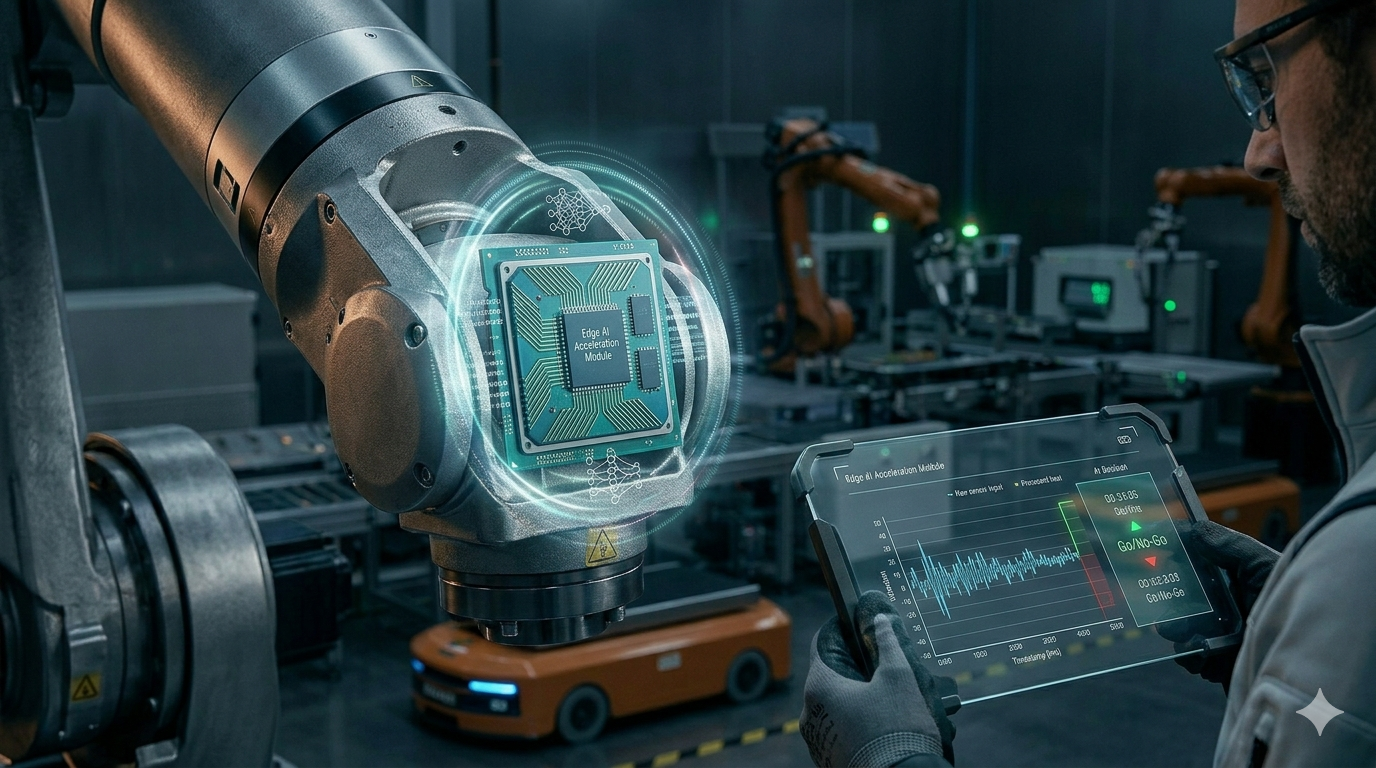 Primer plano macro de un chip de procesamiento avanzado montado sobre un componente mecánico industrial. Circuitos integrados y filamentos de luz cian recorren la superficie metálica de la máquina, representando la integración de la Inteligencia Artificial en el borde (Edge AI). El fondo muestra una planta de producción desenfocada, manteniendo el foco en la tecnología de computación de proximidad.