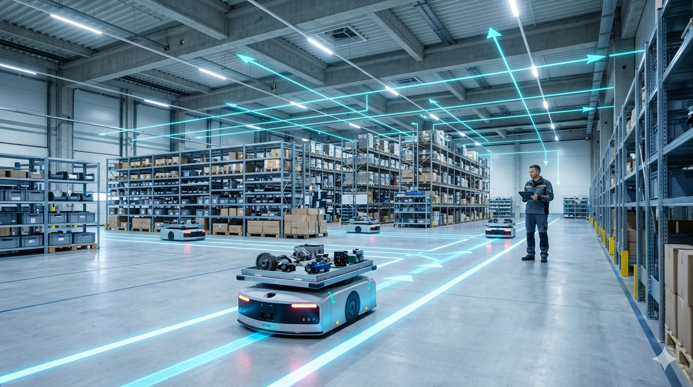 Robot móvil autónomo AMR transportando componentes industriales en un almacén automatizado de una planta de fabricación inteligente con trayectorias digitales proyectadas en el suelo.