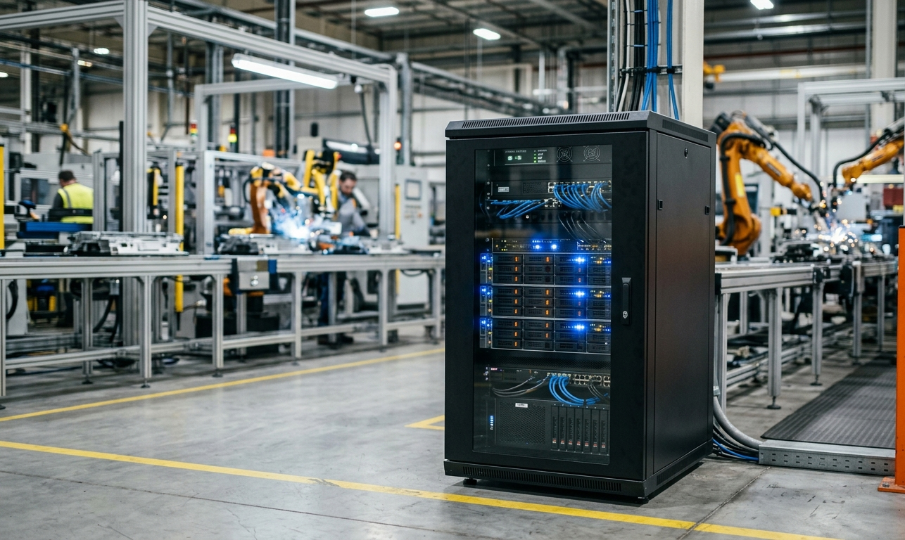 Servidor micro-datacenter de grado industrial instalado en un armario estanco dentro de una planta automatizada para la gestión local de datos OT.