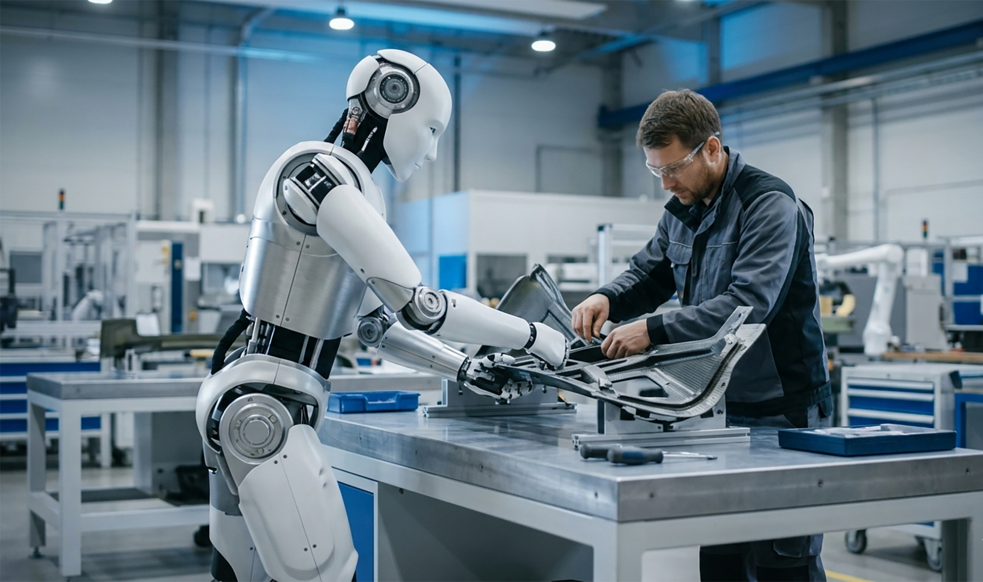 Robot humanoide industrial colaborando con un técnico cualificado en el ensamblaje de componentes complejos en una planta de fabricación avanzada.