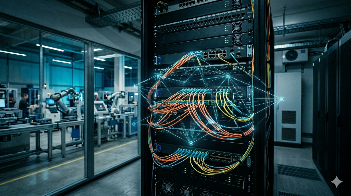 Racks de servidores industriales en una fábrica inteligente con cables de fibra óptica brillando en un hub central y un patrón de red holográfica superpuesto. Al fondo, a través de un cristal, se aprecian líneas de montaje automatizadas bajo iluminación cian y azul.