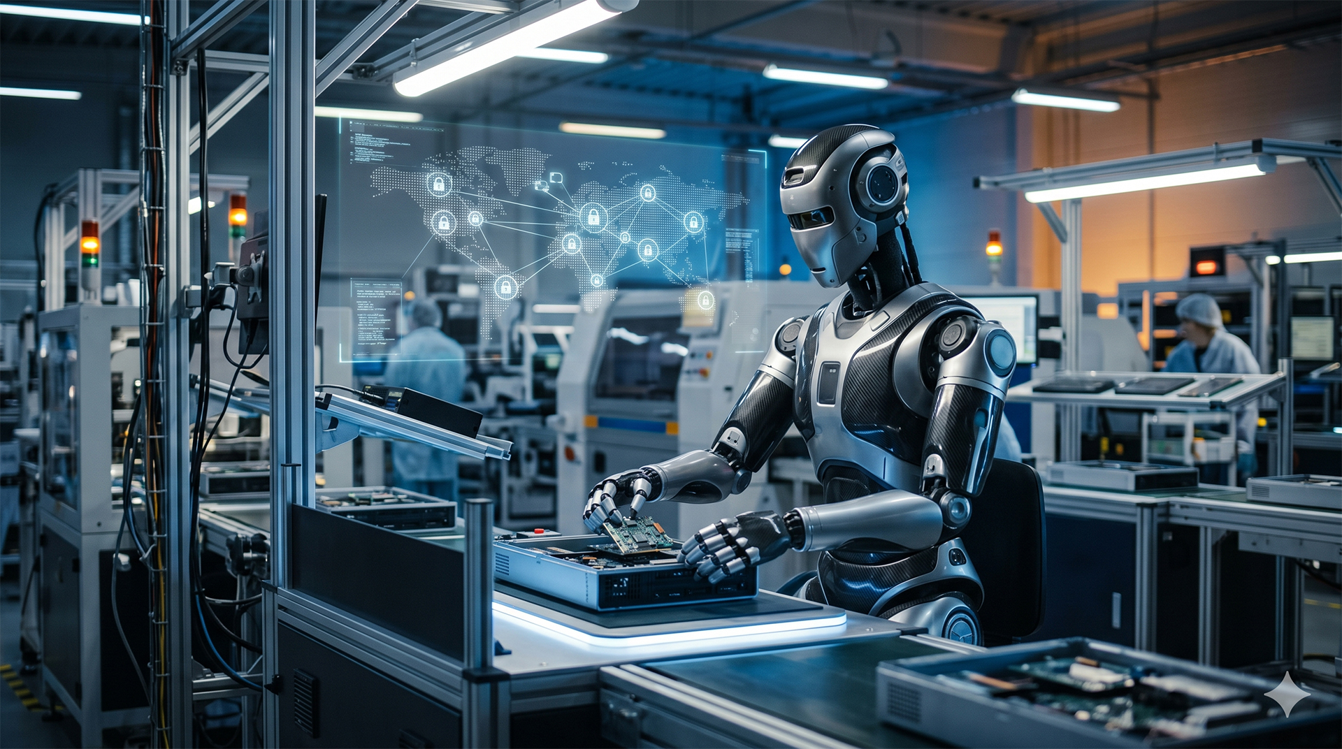 Robot humanoide industrial trabajando en una línea de montaje bajo un entorno de seguridad digital monitorizado por IA y normativa NIS2.