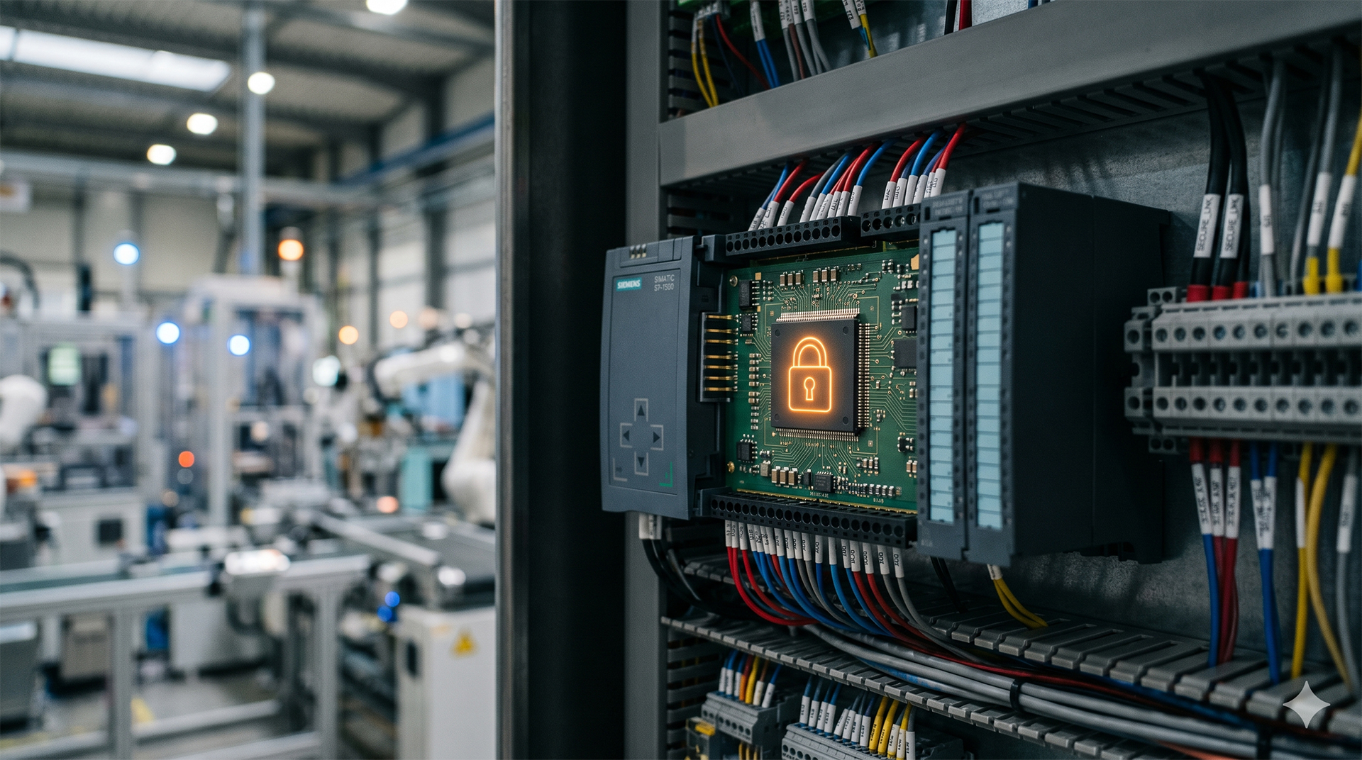 Módulo PLC industrial con un microchip resaltado gráficamente, simbolizando el cifrado de hardware y la seguridad Zero Trust en planta.