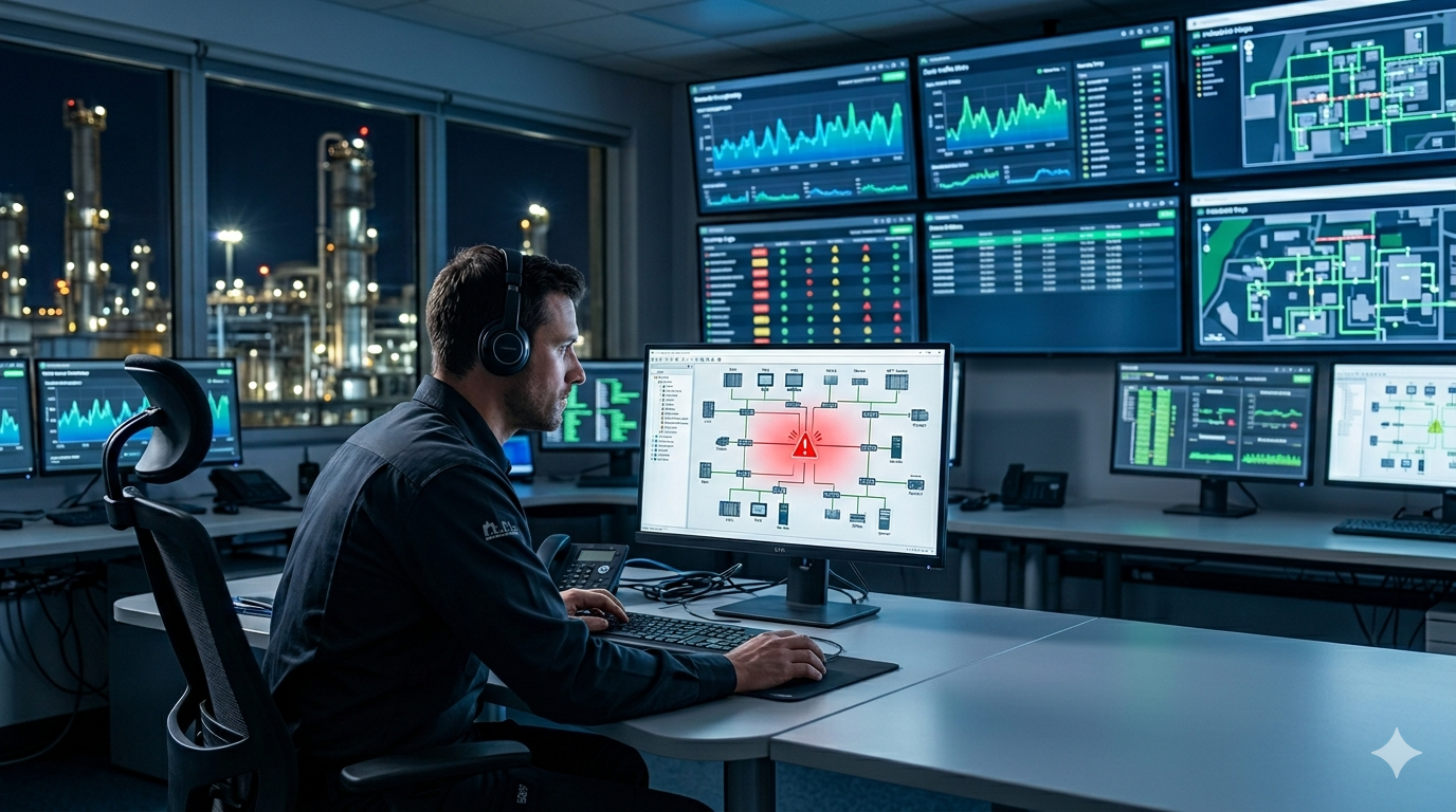 Técnico de ciberseguridad industrial monitorizando en tiempo real una red OT de planta manufacturera desde una sala de control con múltiples pantallas y alertas de seguridad activas.