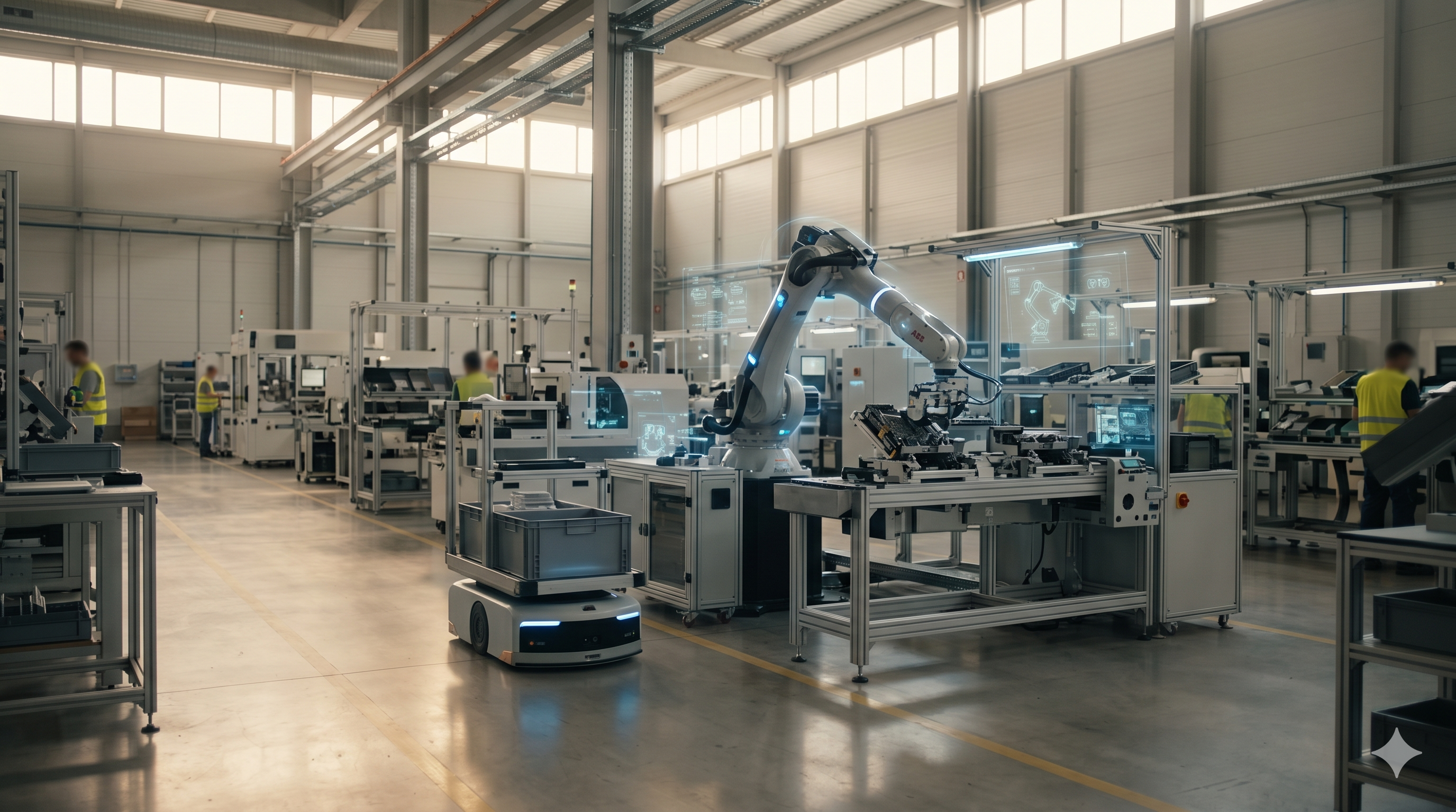 Brazo robótico de alta tecnología y robot móvil autónomo (AMR) trabajando en una nave industrial moderna con interfaces digitales de datos.