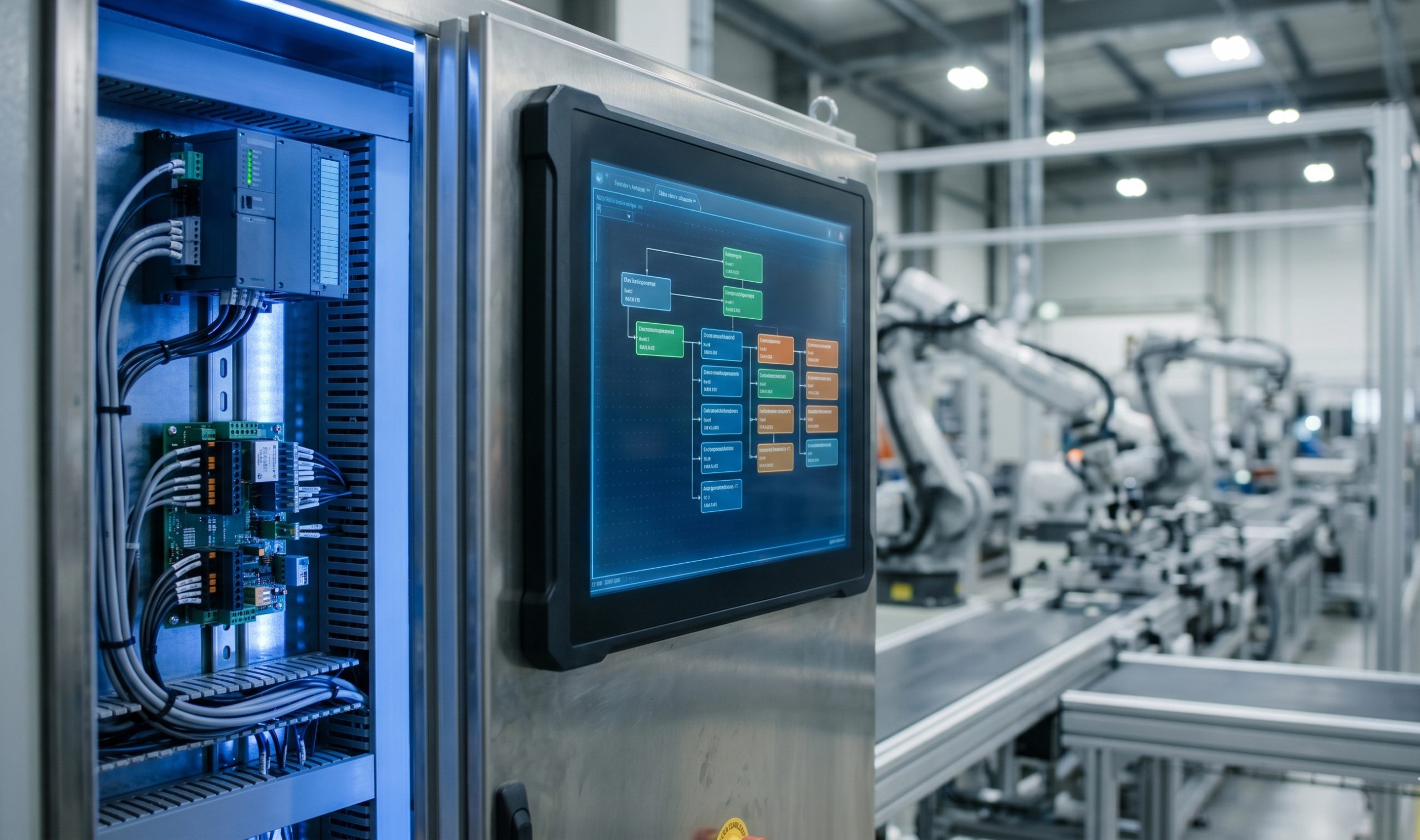 Interfaz digital de una lista SBOM analizando el código embebido de un controlador industrial en un cuadro eléctrico de planta.